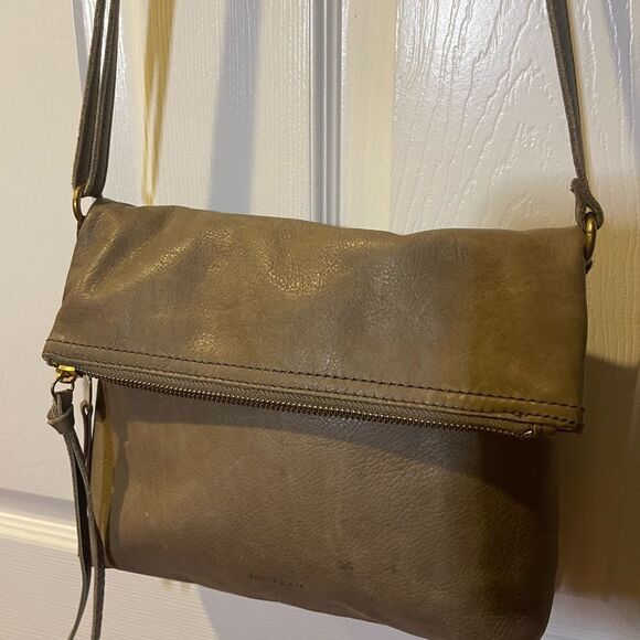 Margot Fold over Taupe Leather Crossbody Bag  brass hardwares and accent - Picture 5 of 13